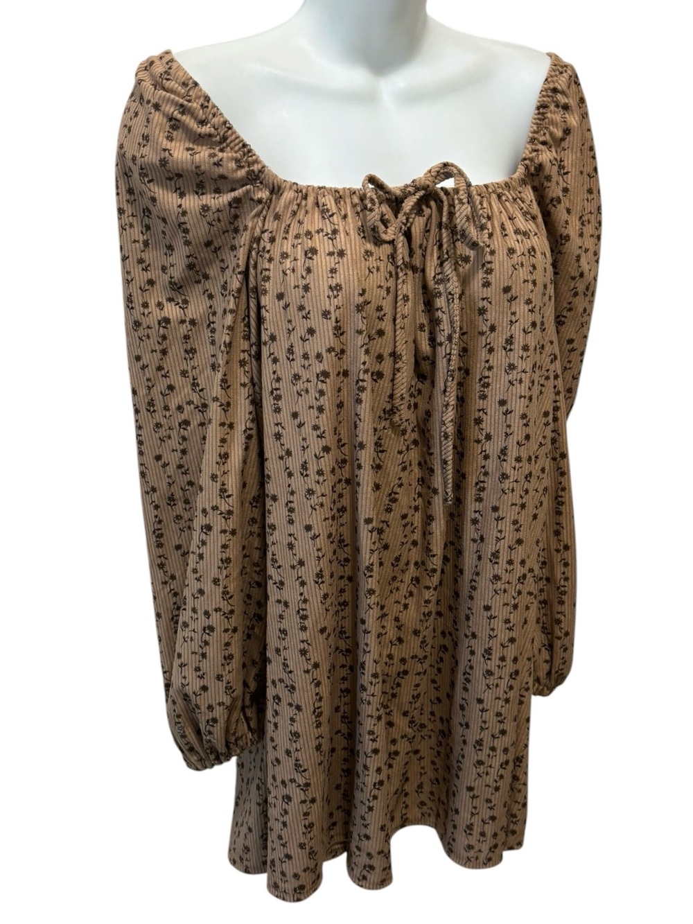 Westfade Corduroy Floral Print Square Neck Mini Dress Brown Sz S Balloon Sleeve